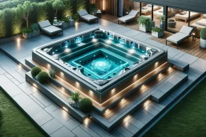 image graphique représentant un spa carré luxueux dans un cadre de jardin moderne. Le spa présente des lignes géométriques épurées et est entouré d'une terrasse élégante en pierre naturelle et en matériaux composites en bois. L'eau est claire et accueillante, avec des lumières LED sous-marines et des jets stratégiquement placés pour l'hydrothérapie. Des chaises longues confortables entourent le spa, et une verdure luxuriante accentue l'ambiance relaxante. La scène met en avant l'élégance et la fonctionnalité du spa carré, montrant ses avantages et ses caractéristiques.